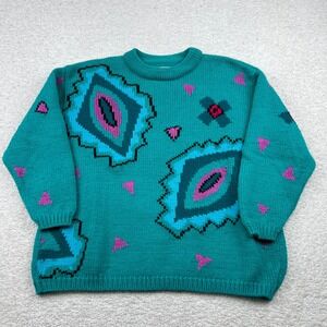 Vintage Esprit Teal Geometric Knit Sweater Womens Medium 80s 90s Retro Pullover